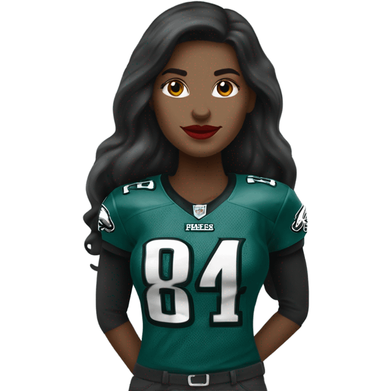 White female long dark hair red lips wearing Philadelphia Eagles jersey emoji