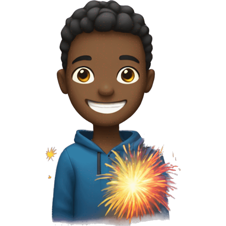 smiling boy with fireworks backdrop colour emoji