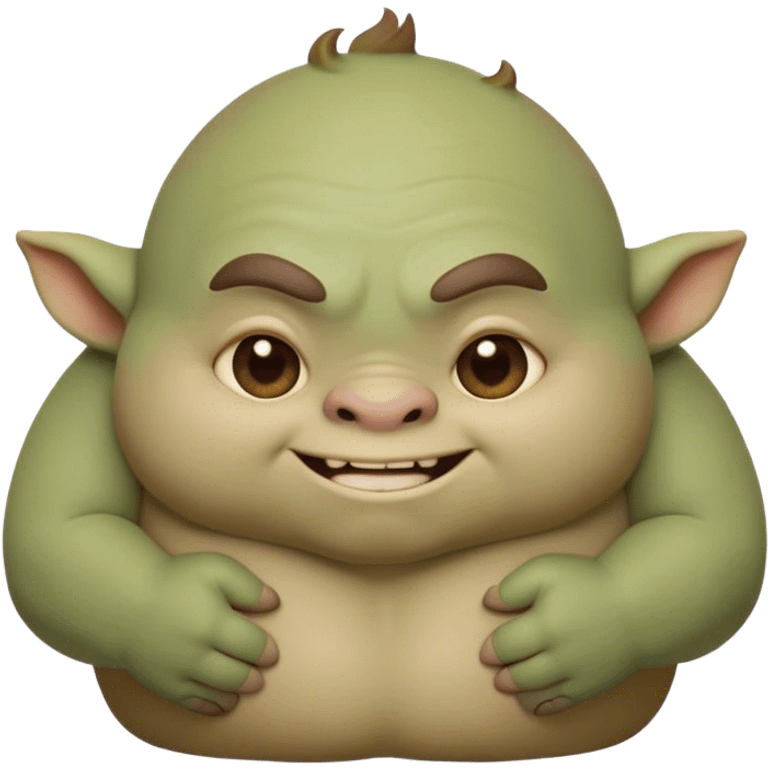 Cinematic Cute Ogre Portrait Emoji, with a surprisingly endearing, plump and huggable figure in soft earthy greens and browns, featuring big, kind eyes and a bashful smile, simplified yet irresistibly adorable, highly detailed with a soft glowing outline that captures the charm of a friendly giant who seems ready for a warm hug! emoji