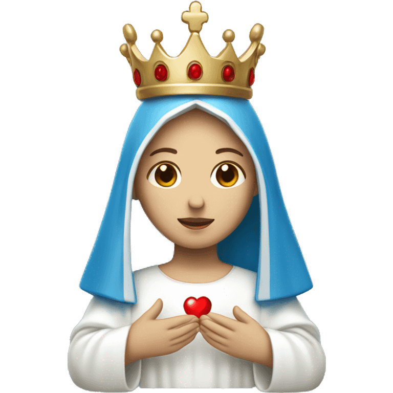 blessed virgin mary with a crown, with blue veil, with white clothes, with white skin, holding a red heart in her hands emoji