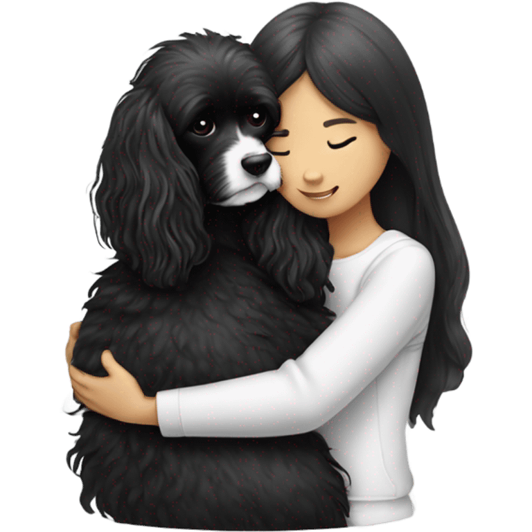 Black and white cavoodle getting hugged by long hair Asian girl emoji