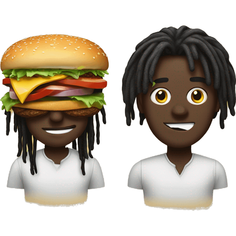 A burger with big crazy eyes with its tongue out chasing  a darkskin guy with dreads  emoji