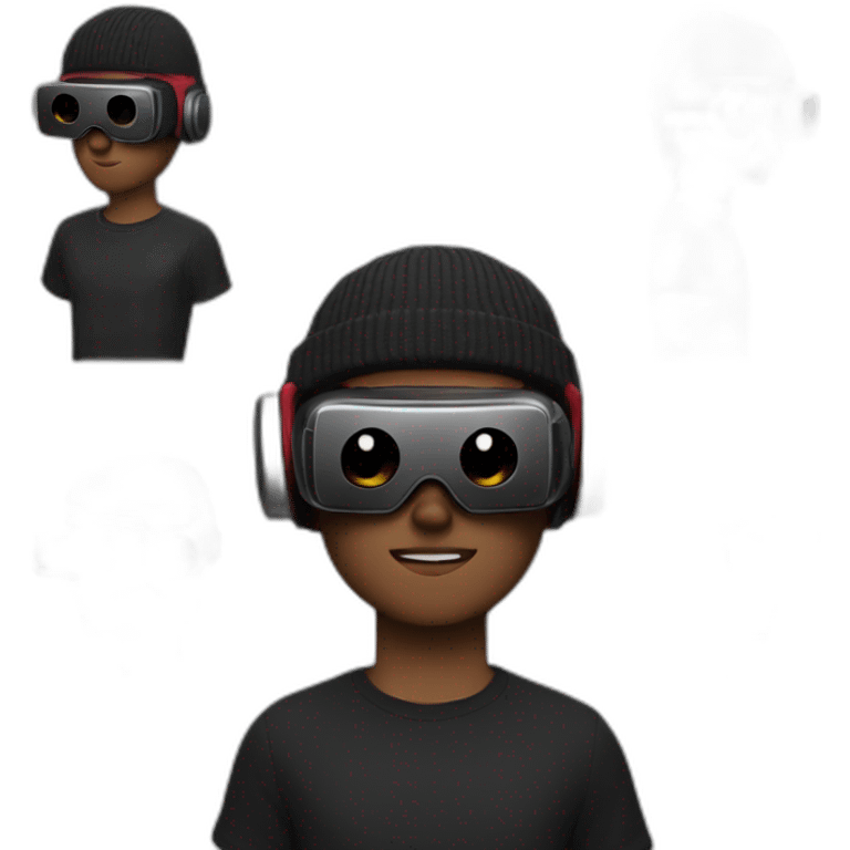 A 19 year old white guy, in a beanie, wearing a VR headset, in a black outfit with dark red accents emoji