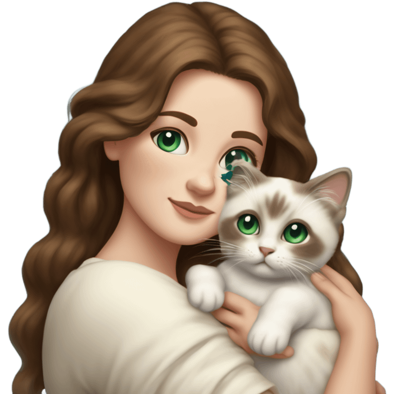 white woman with medium-length brown hair, green eyes and brown freckles on the face under the eyes, holding her sacre de birmanie kitten in her arms with much love, the baby cat has blue eyes, a lot of dark areas on ears and middle of the face. blue eyes emoji