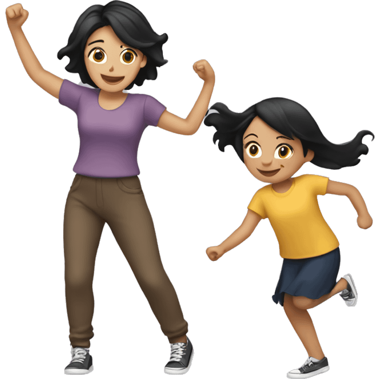 Girl with brown hair dancing with Mum with black hair emoji