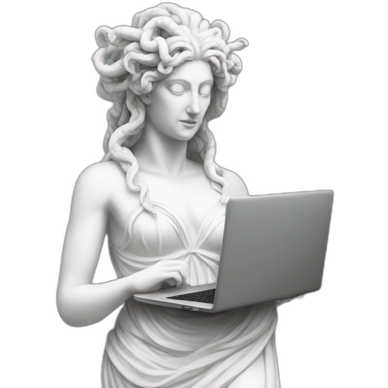 white statue of Medusa Gorgo with laptop emoji