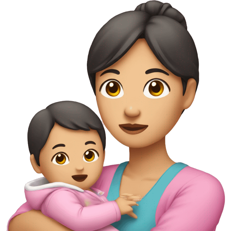 An Asian woman holds a baby with one hand, a pink package in the other hand emoji