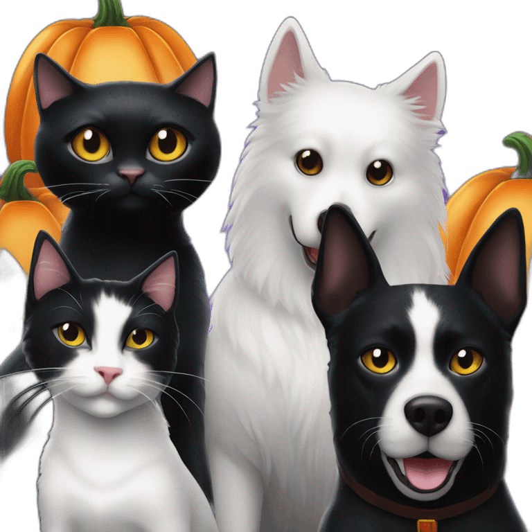 Completely Black cat next to two white dogs next to Halloween pumpkin with Elvira mistress of the dark emoji