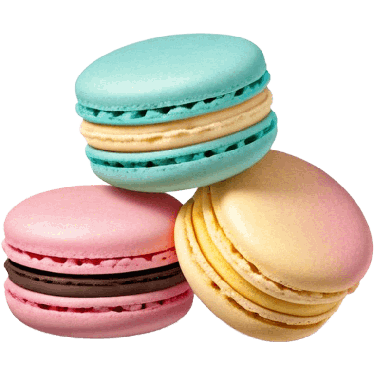 Cinematic Realistic Macaroon Dessert Emoji, showcasing colorful, delicate meringue-based cookies with a crisp exterior rendered with vibrant textures and playful, soft lighting. emoji