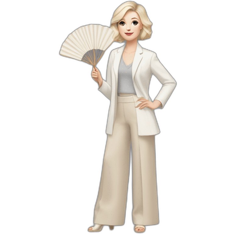 pale skin woman with ash blonde Straightened bob Hair, White Spacious classical jacket, beige palazzo Arrow pants and gray blouse holding a fan from color palettes in the hands emoji