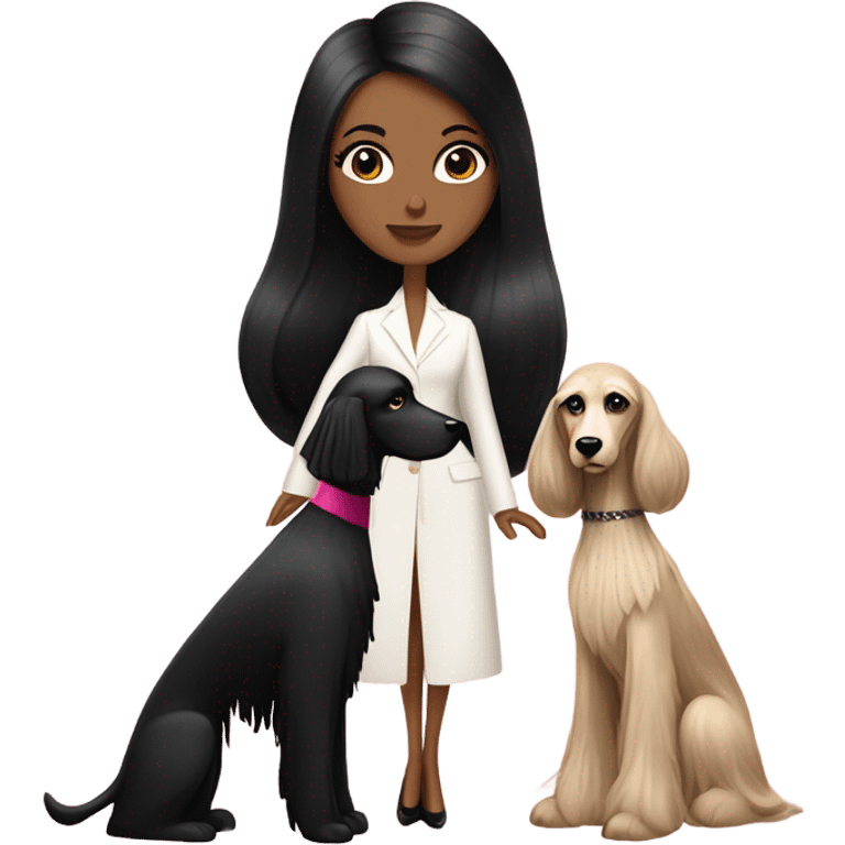 White fashion Women  black hair full body with Afghan Hound, Schiaparelli emoji