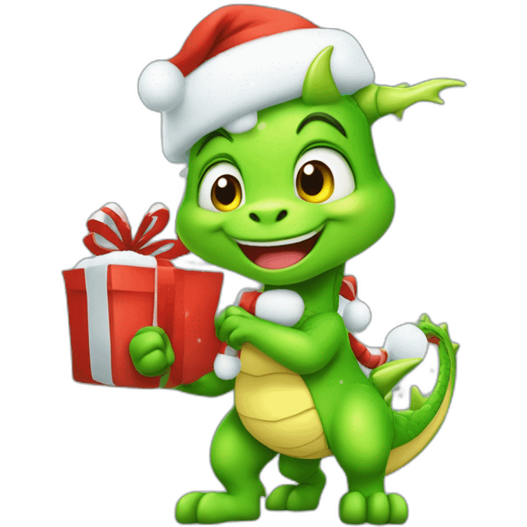 happy little green cartoon dragon of child, in winter, in work pants, in work clothes, in winter boots, in a Santa Claus hat, New Year, with presents emoji