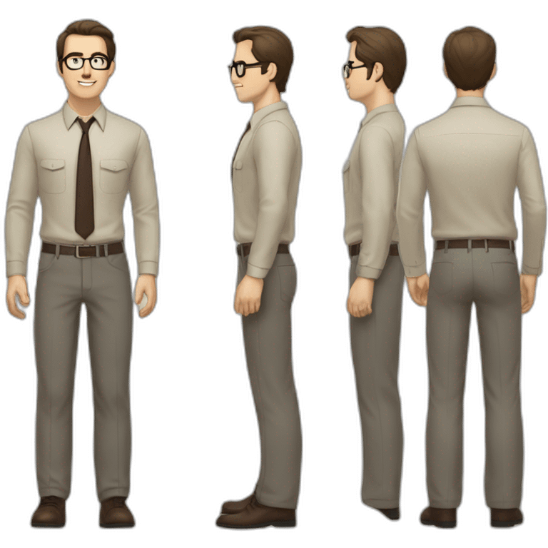 Full height Gesticulating Pale skinned fit man with dark brown hair in gray jacket, beige office shirt, brown tie, brown pants and vintage glasses. emoji