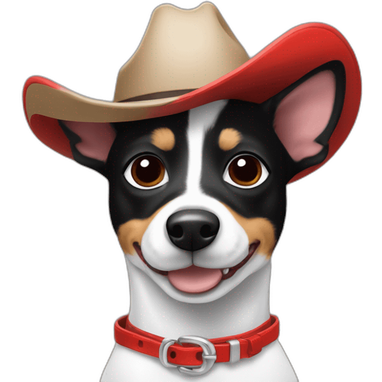 rat terrier wearing a cowboy hat and red collar smiling no brown (black and white) emoji