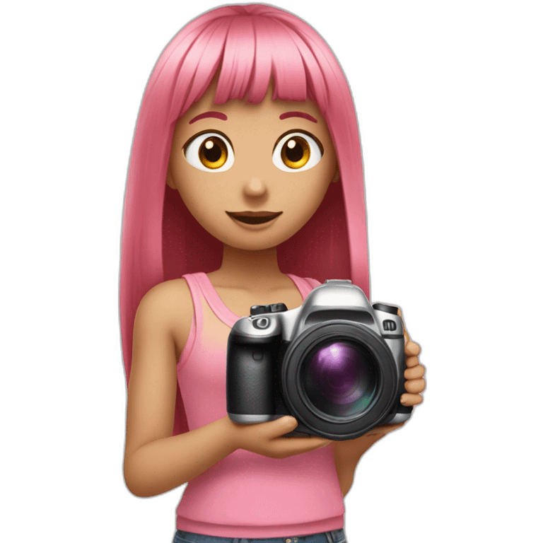 cute girl with long, straight rose hair with fringe and holding camera and wearing pink tank top emoji