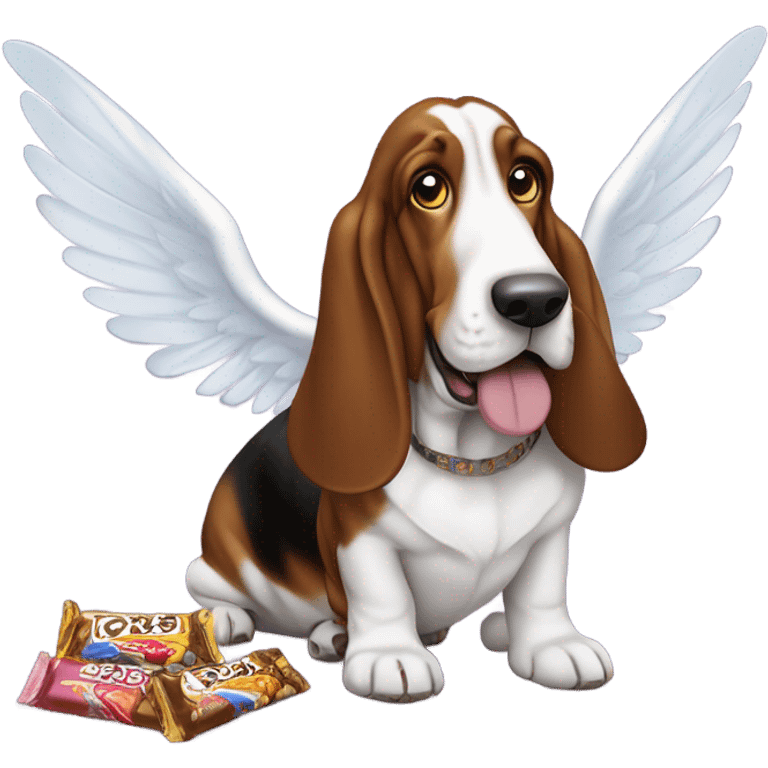 Basset hound with angel wings eating a box of chocolates and candy bars emoji