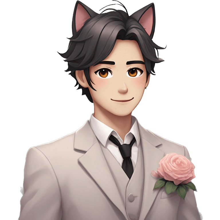 Gorgeous romantic anime style Asian formal modern gentlemanly guy with cat ears and flowers and blushing face aesthetic trending style outside emoji