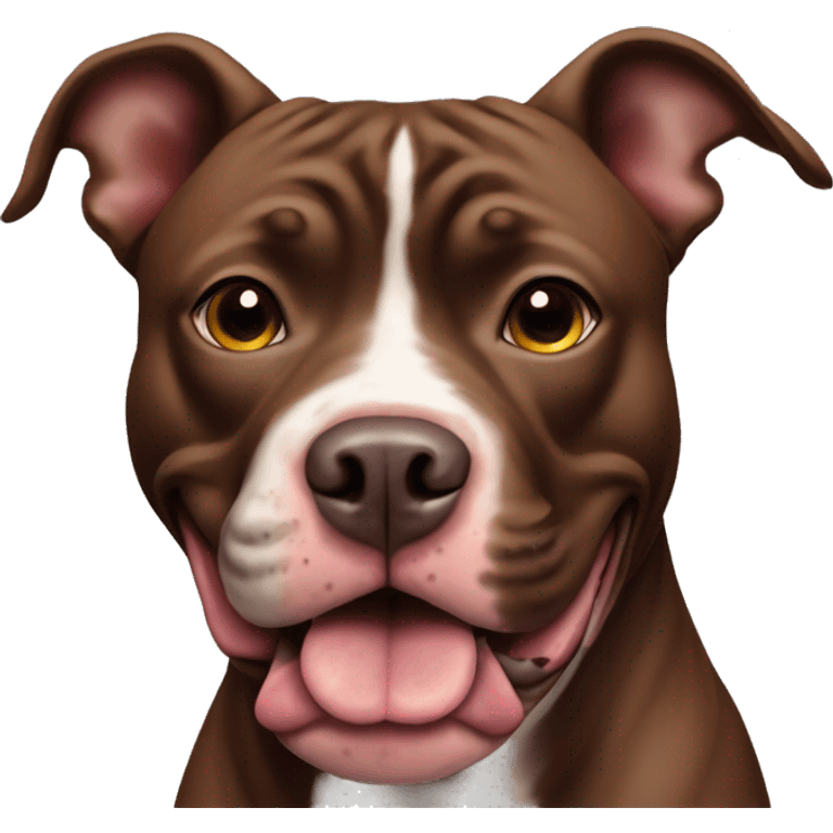 American pit bull dog, the colour of the dog is chocolate tiger, he sits and looks forward. The ears are cut off, the mouth is open, the tongue is sticking out emoji