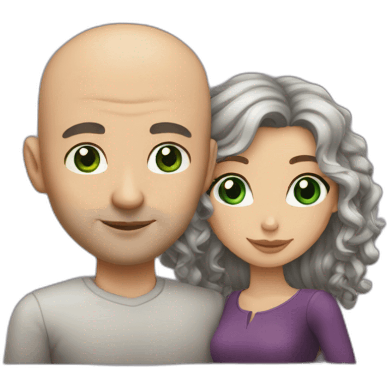 caucasian bald man with green eyes and a caucasian woman with long curly dark hair and brown eyes kissing emoji