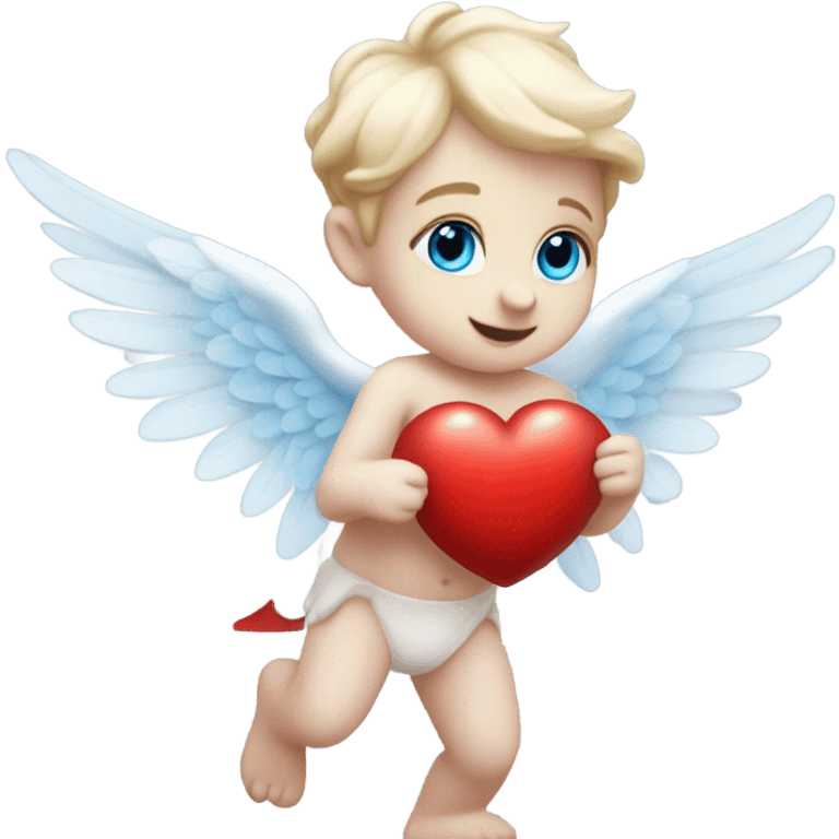 Realistic Photo of flying pale cupid with blue eyes and red heart arrow  emoji