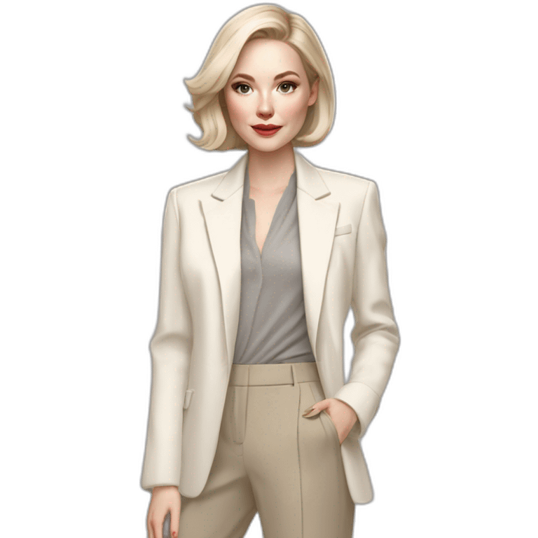 pale skin woman with ash blonde Straightened bob Hair, White Spacious classical jacket, beige palazzo Arrow pants and gray blouse holding RAL colour palette in the hands emoji