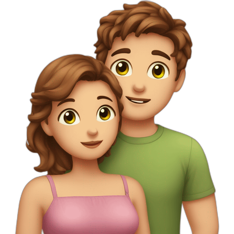 Girl with brown eyes and brown hair kisses boy with brown hair and green eyes and hugs brown fat cats emoji