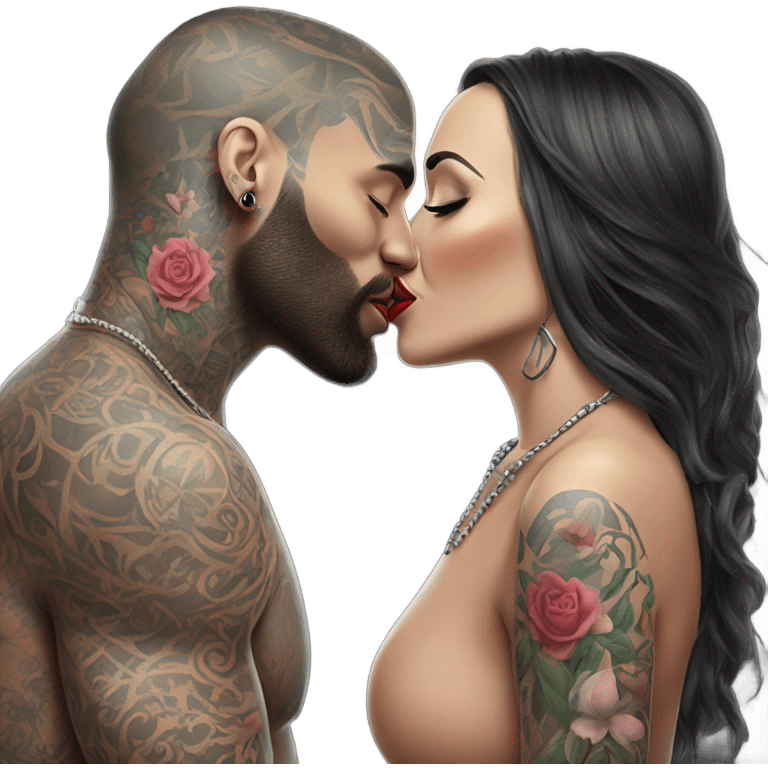 Photo Realistic beautiful woman kissing a very handsome tattooed man emoji