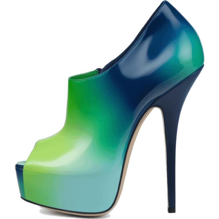 Realistic isolated top view of a pair of emerald green,sky blue,mint green,lime green and navy blue ombre Jimmy Choo peep toe stiletto ankle booties. emoji