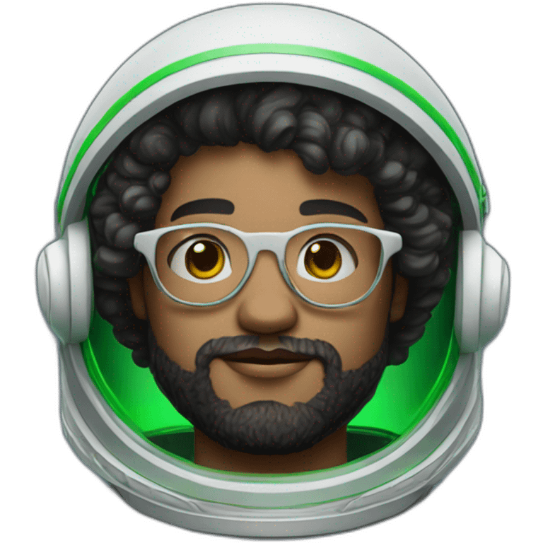 Light skin Man with black short curly hear and beard and glasses wearing a green and white astronaut suit emoji