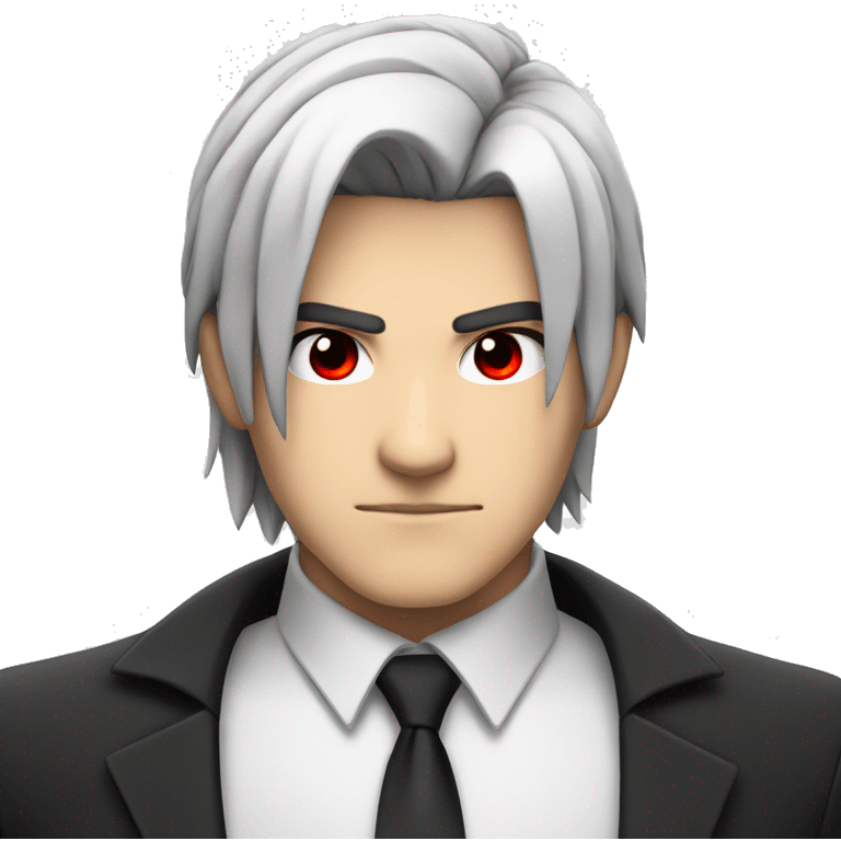 Anime hero emoji with black and white hair, red eyes, and a serious, determined expression in a black hero suit emoji