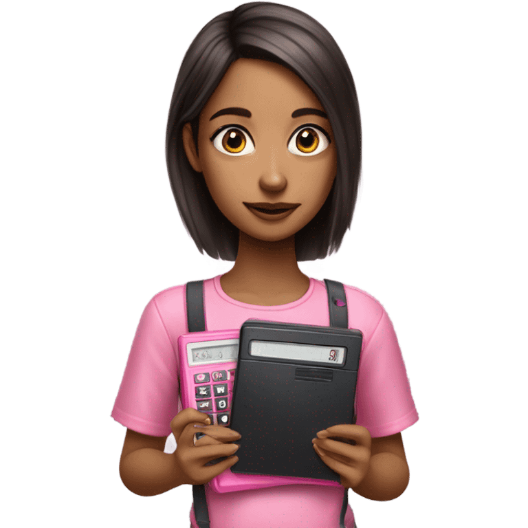 Hyper realistic girl holding a pink calculator emoji