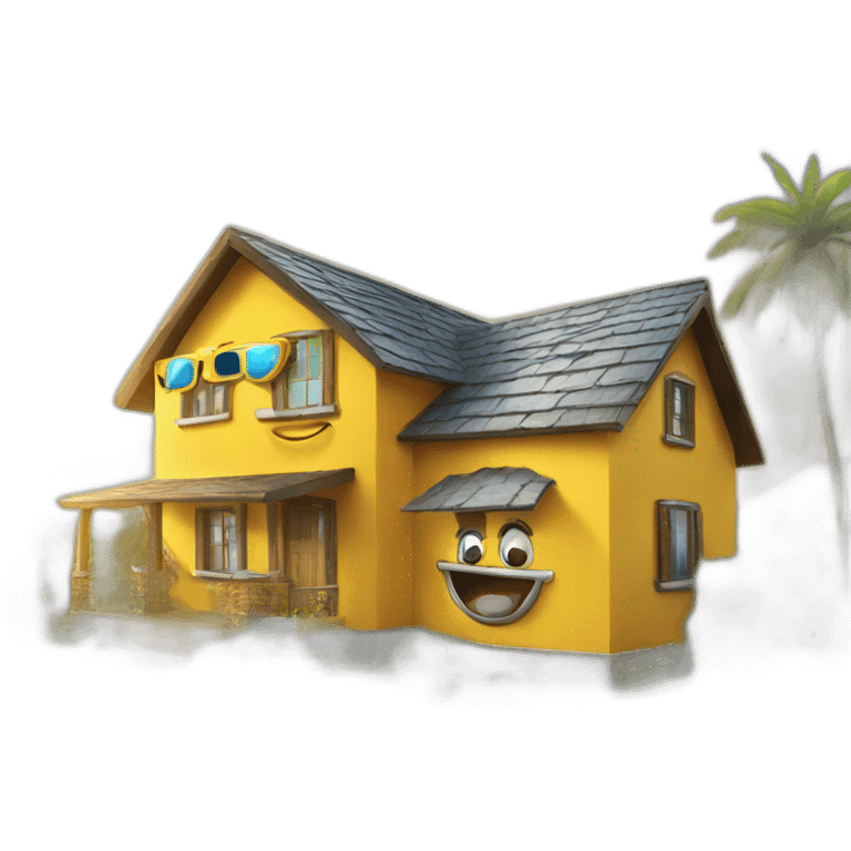 happy face with sun glasses, and a house reflecting on the surface of the glasses emoji