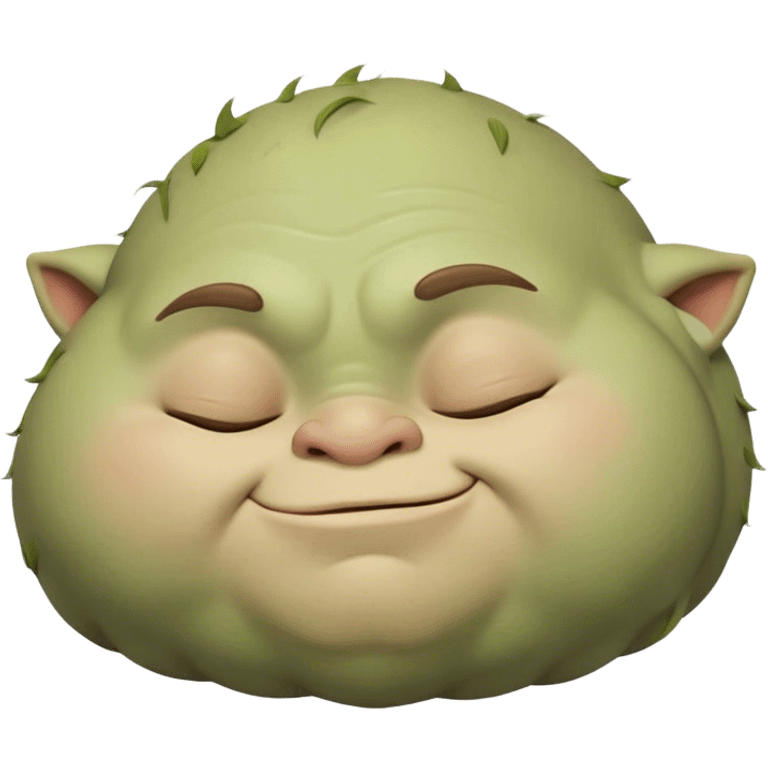 Meme-Worthy Cute Sleeping Ogre Portrait Emoji, with a surprisingly endearing, plump figure in soft earthy greens and browns, head drooping gently with closed, relaxed eyes and a content, sleepy grin, simplified yet adorably detailed, glowing with a soft warm outline that captures the peaceful slumber of a friendly ogre after a day of gentle mischief! emoji