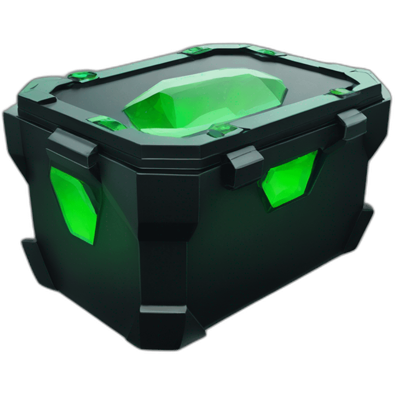 Futuristic rectangular military canister colored matte black with green rock crystals inside emoji