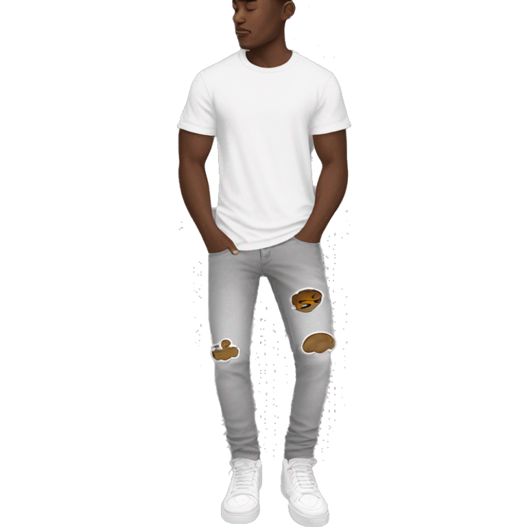 man fullbody, white t-shirt, white air force one low shoes, amiri grey jean front view emoji