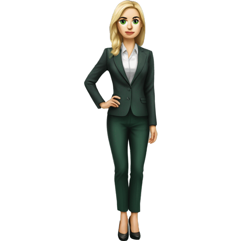 Russian woman 35 years old with green eyes full length in suit photorealistic serious emoji