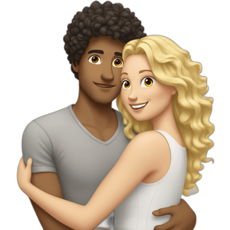 White man with dark curly hair hugging a blonde curvy woman emoji