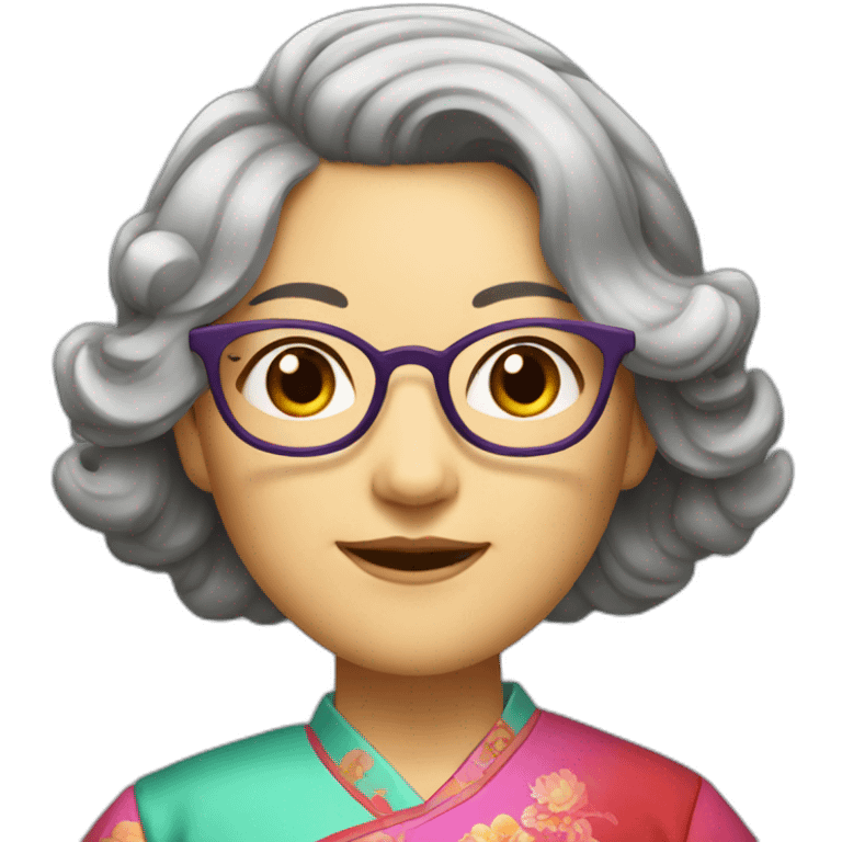 Chinese lady with like Lai gray hair wavy hair to the shoulder length where Chinese dress colourful dress wear glasses emoji