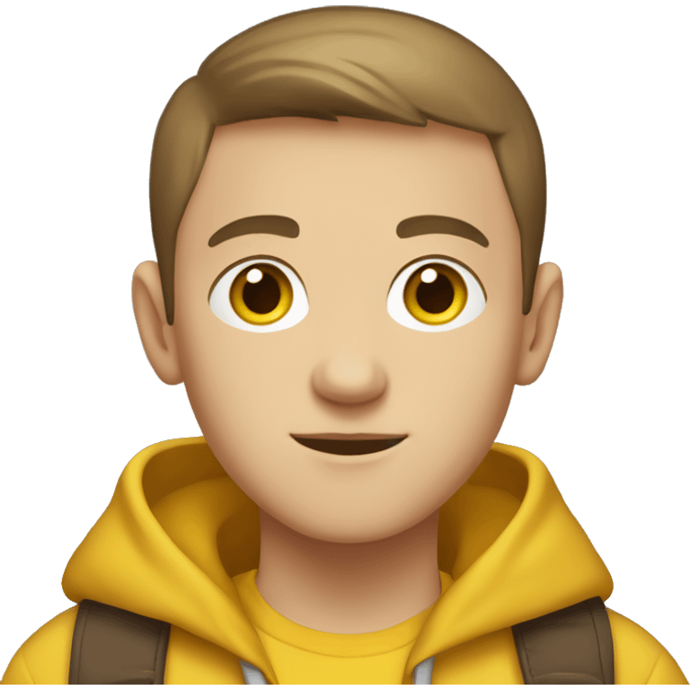 a young white boy with short brown hair (a buzzcut) and brown eyes with yellow hoodie emoji