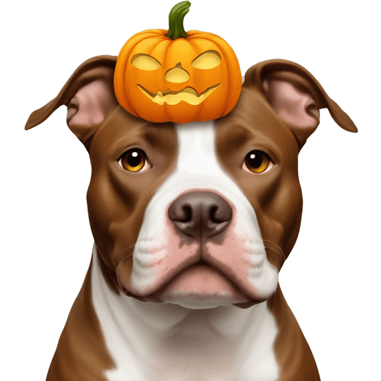 Brown and white pitbull with a pumpkin on her head emoji