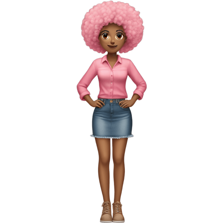 Tan girl with Afro and pink button top and jean skirt full body posing emoji