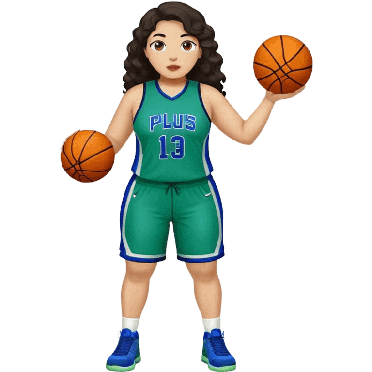 full body plus size light skin latino women basketball player with wavy dark hair wearing blue and green uniform emoji