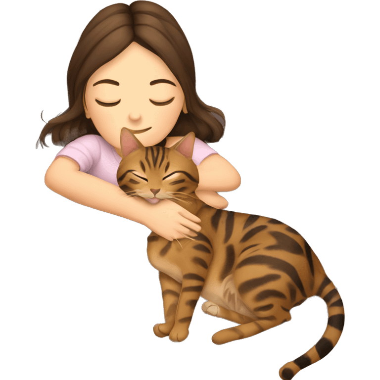 brunette girl sleeping with bengal cat emoji