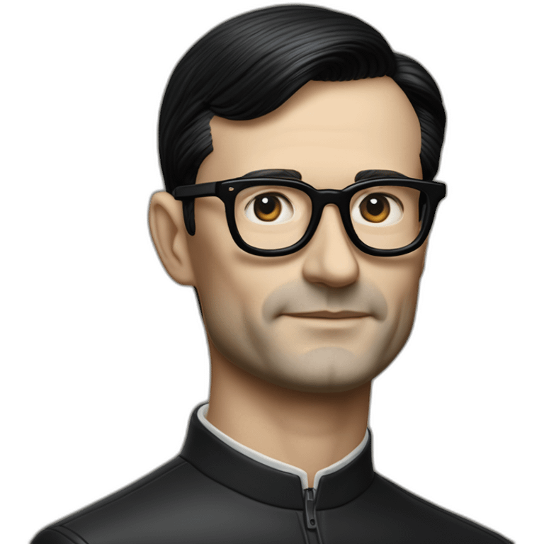 Hyper realistic Ralf Hutter from Kraftwerk, short straight black hair, black glasses, thin, riding open top black tesla model 3 emoji