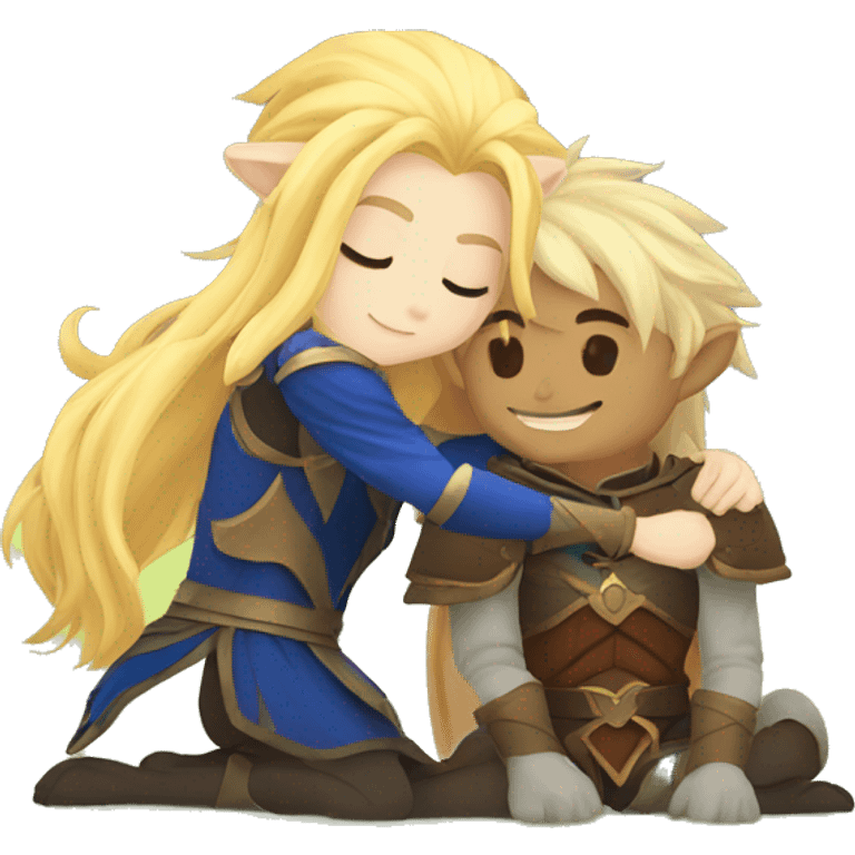 A lion paladin and a blonde elf mage hugging emoji