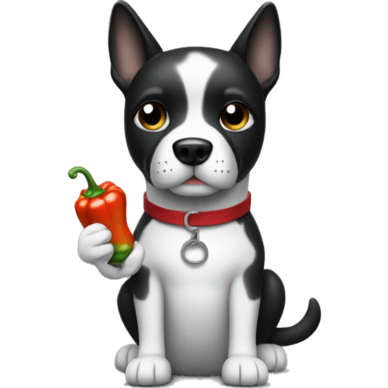 Black and White Dog holding a pepper shaker (not an actual pepper) emoji