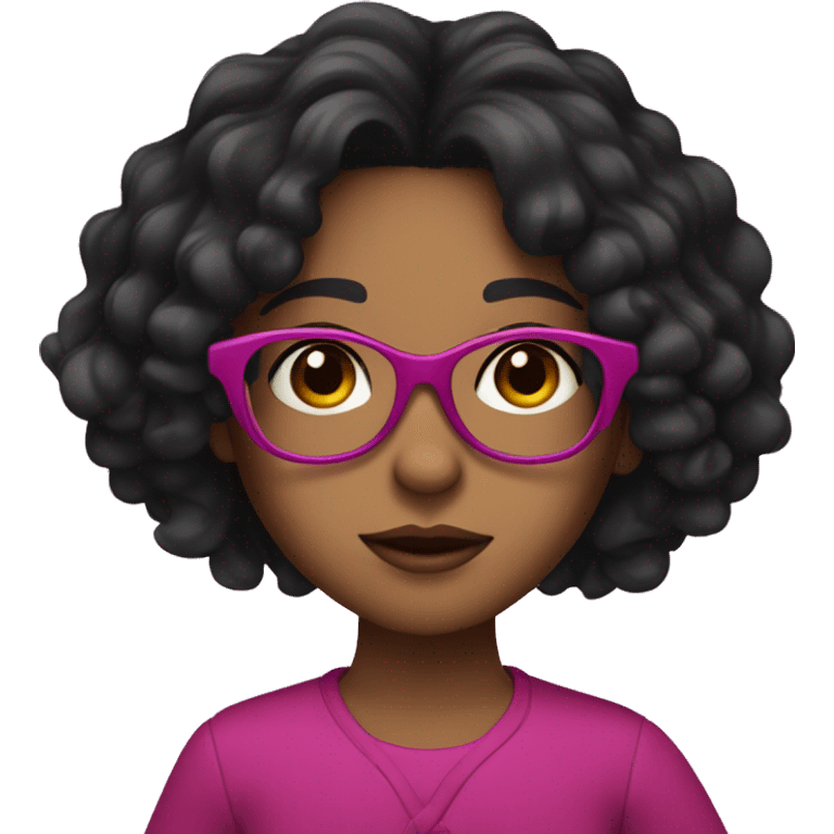 Girl with long curly black hair and brown skin and dark brown eyes and fuchsia glasses emoji