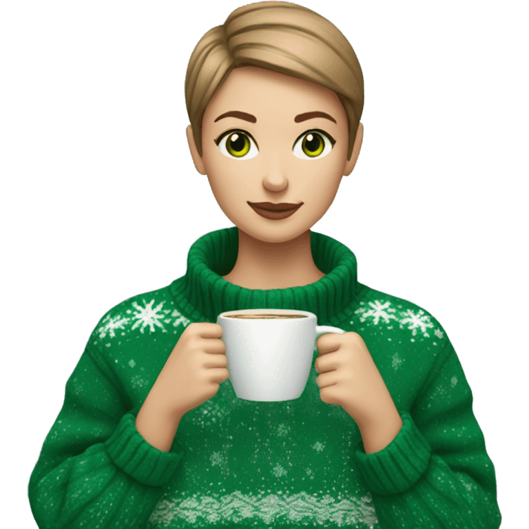 Light brown short haired girl with green eyes drinking coffee wearing blue Christmas sweater emoji