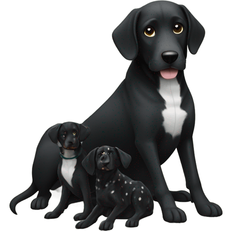 Black dog with white spotty legs  sitting next to another bigger black dog with white legs emoji