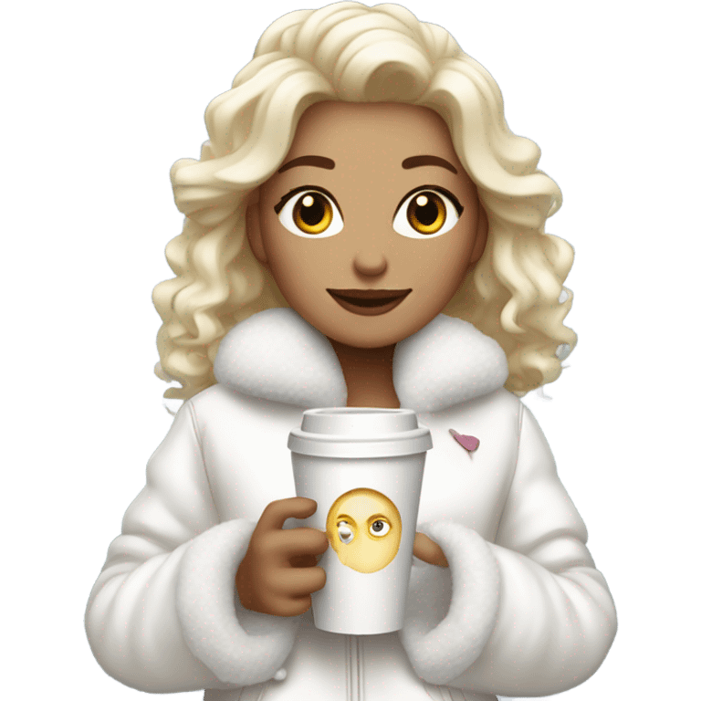 blonde girl wearing white fluffy jacket and a coffee to go in hand all dress white and a white bow on hair emoji